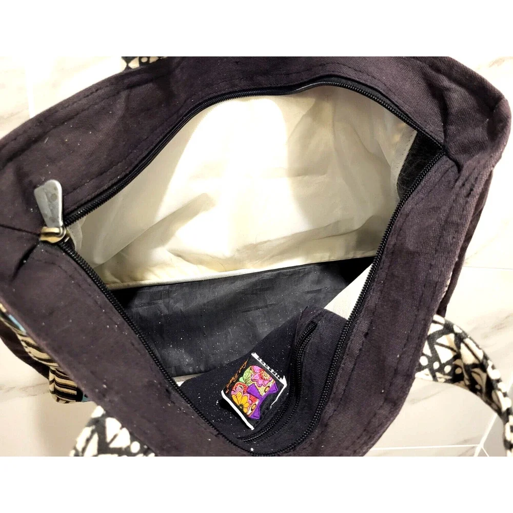 Laurel Burch Black Cotton Cat Tote Bead Trim Gold Braid Double Handles 16x9x4.5